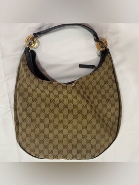 Gucci Beige Monogram Hobo Bag with Black Trim and Gold Hardware